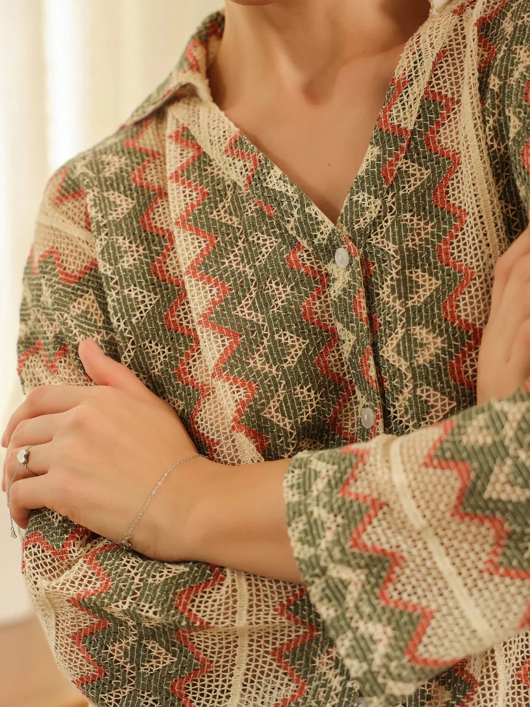 Cream Shirt Collar Cotton Blend Shirt Self Design Co-ords Set for Women - SanskrutiHomes 