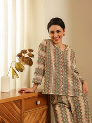 Cream Shirt Collar Cotton Blend Shirt Self Design Co-ords Set for Women - SanskrutiHomes 