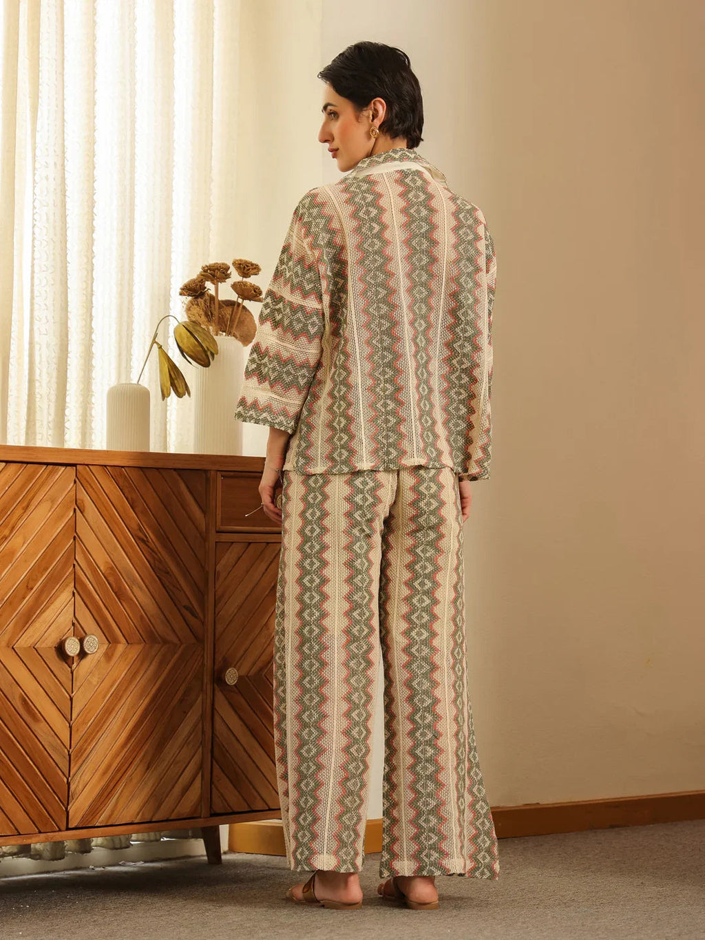 Cream Shirt Collar Cotton Blend Shirt Self Design Co-ords Set for Women - SanskrutiHomes 