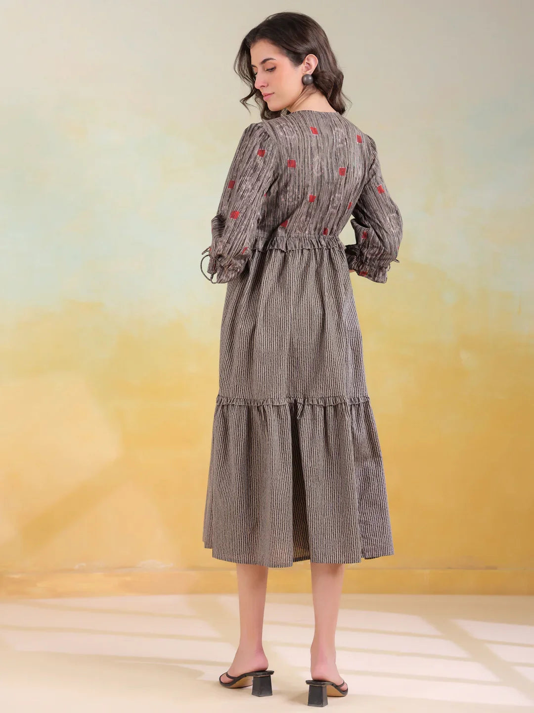 Grey Cotton V-Neck Printed Dress for Women - SanskrutiHomes 