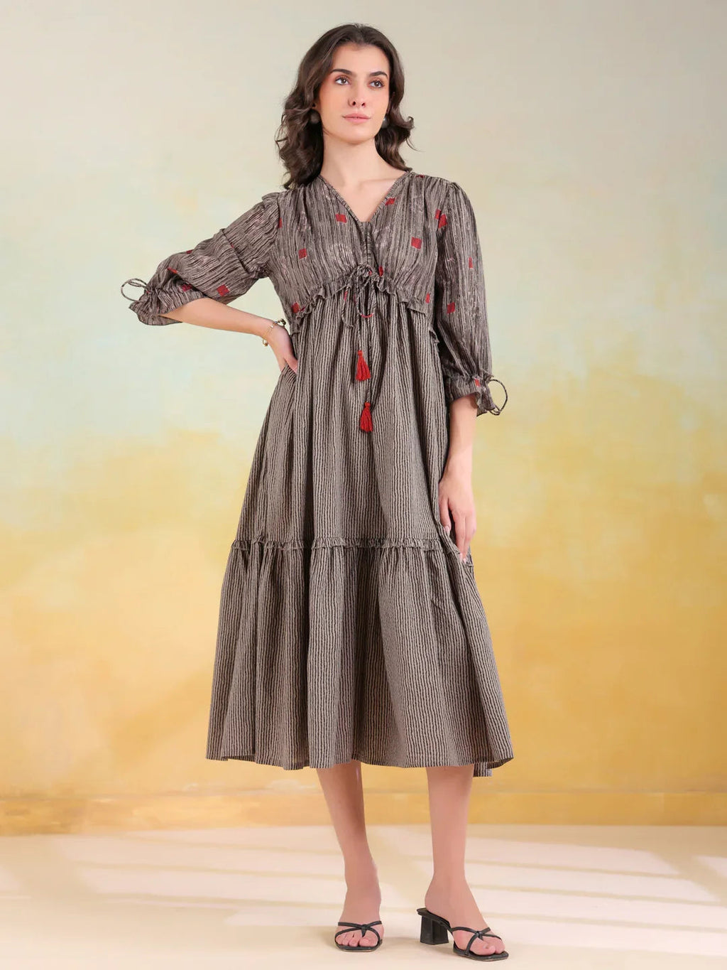 Grey Cotton V-Neck Printed Dress for Women - SanskrutiHomes 