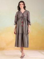 Grey Cotton V-Neck Printed Dress for Women - SanskrutiHomes 