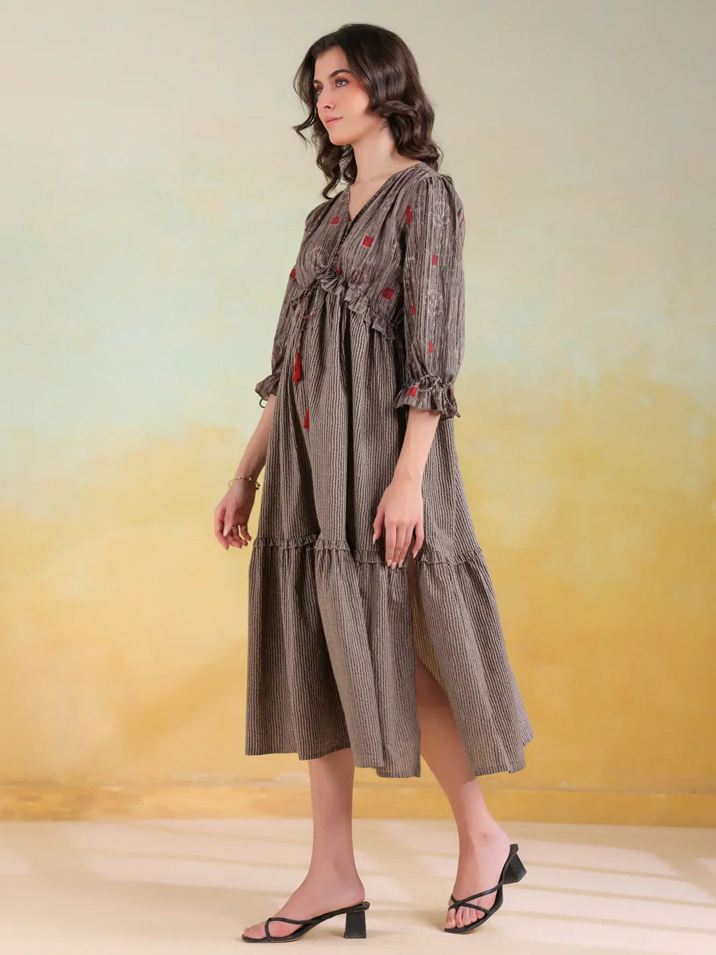 Grey Cotton V-Neck Printed Dress for Women - SanskrutiHomes 