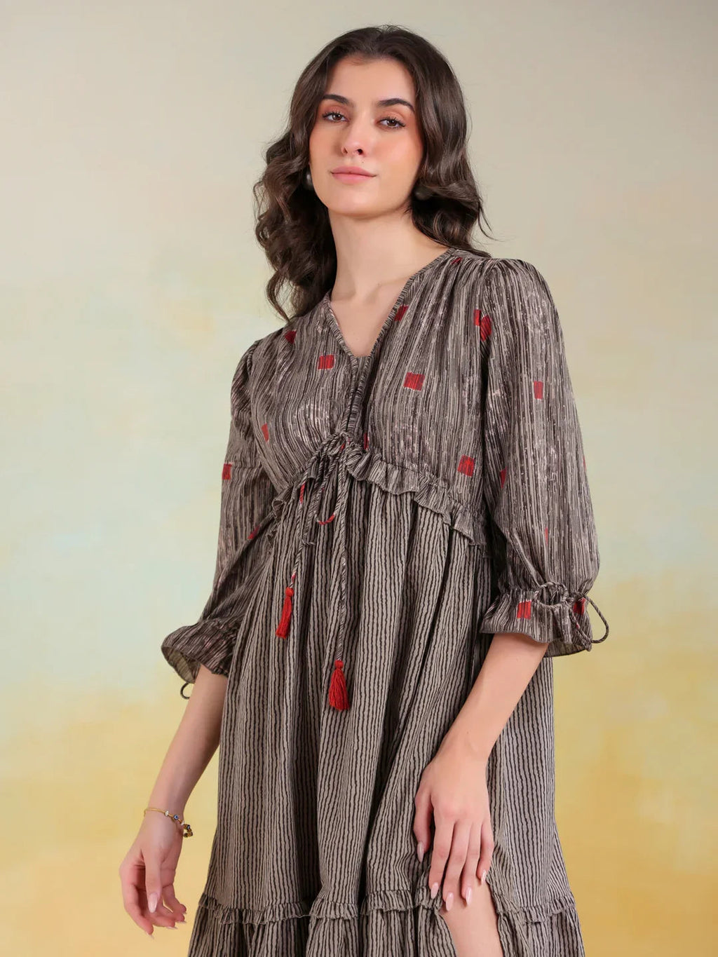 Grey Cotton V-Neck Printed Dress for Women - SanskrutiHomes 