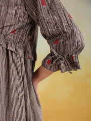 Grey Cotton V-Neck Printed Dress for Women - SanskrutiHomes 