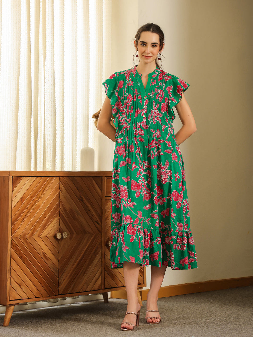 Green Cotton Printed Round Neck Dress For Women