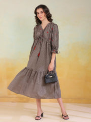 Grey Cotton V-Neck Printed Dress for Women - SanskrutiHomes 
