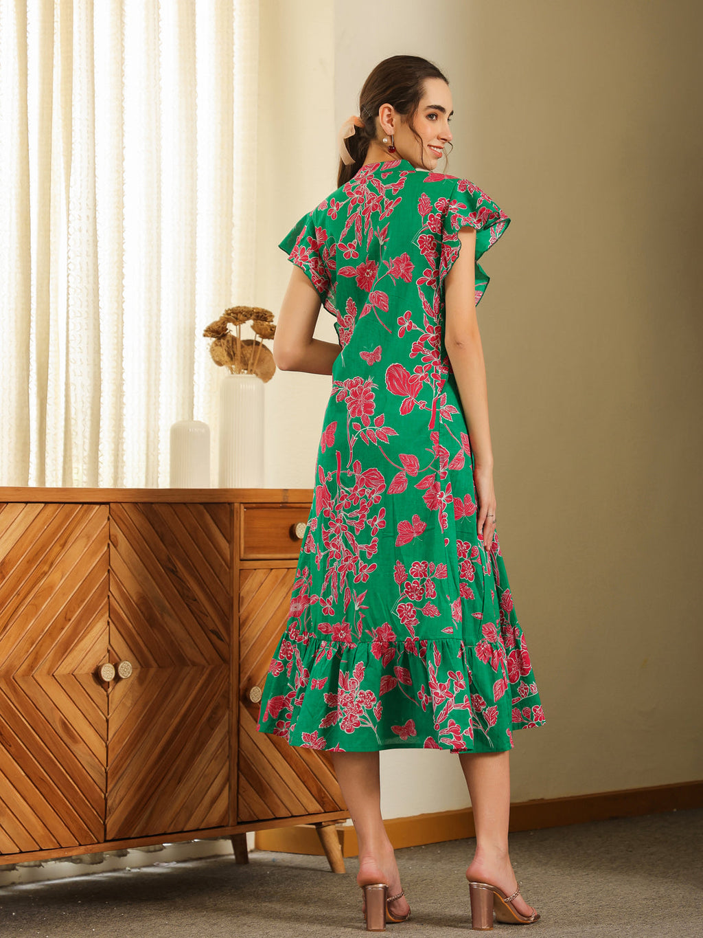 Green Cotton Printed Round Neck Dress For Women