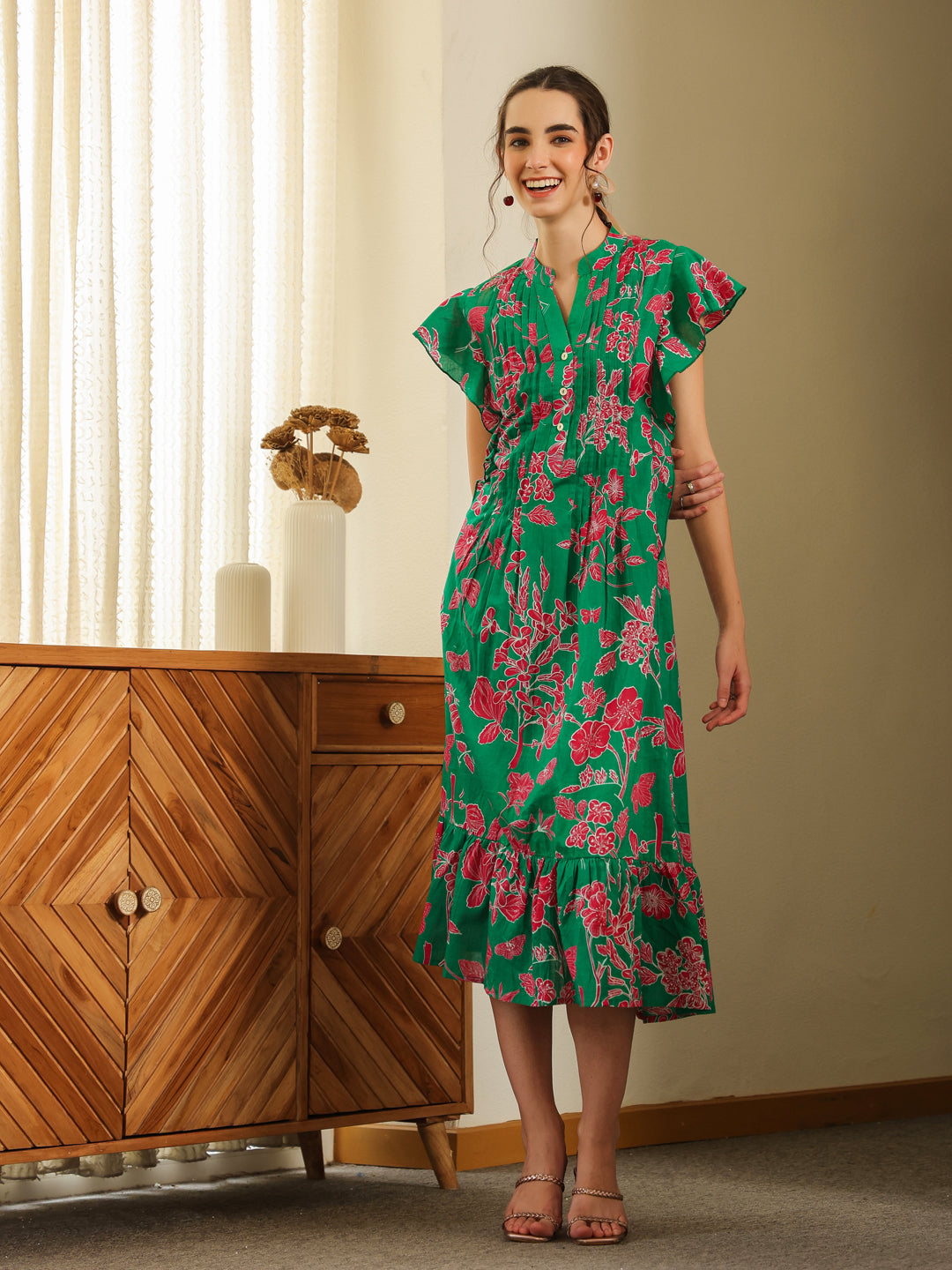 Green Cotton Printed Round Neck Dress For Women