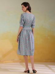 Blue Color Floral Printed Cotton Dress For Women