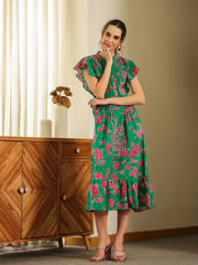 Green Cotton Printed Round Neck Dress For Women
