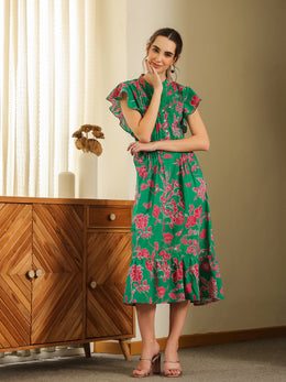 Green Cotton Printed Round Neck Dress For Women