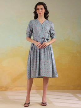 Blue Color Floral Printed Cotton dress for women - SanskrutiHomes 