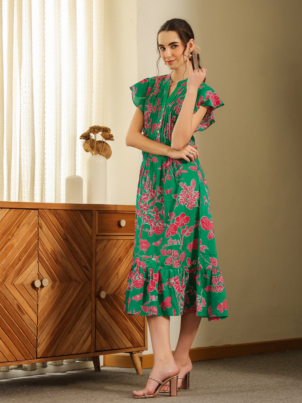 Green Cotton Printed Round Neck Dress For Women