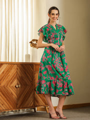 Green Cotton Printed Round Neck Dress For Women