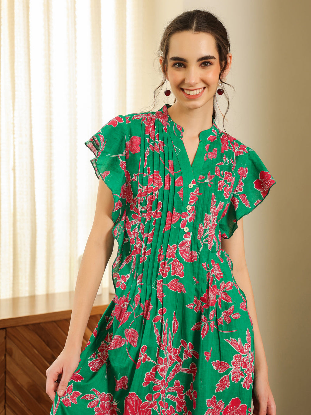 Green Cotton Printed Round Neck Dress For Women
