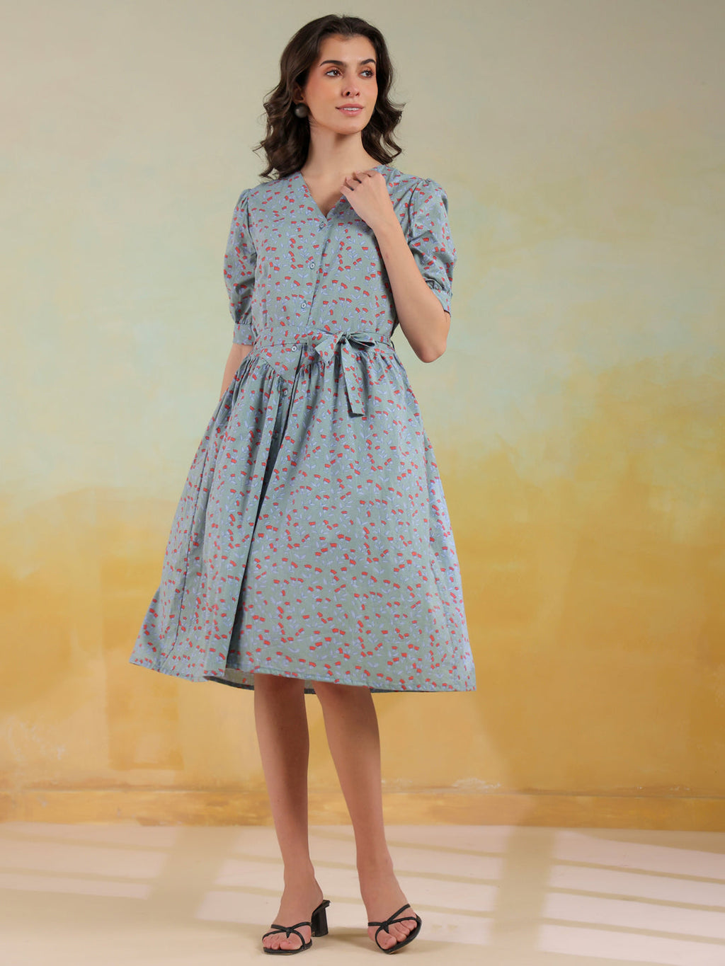 Blue Color Floral Printed Cotton dress for women - SanskrutiHomes 