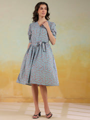 Blue Color Floral Printed Cotton dress for women - SanskrutiHomes 