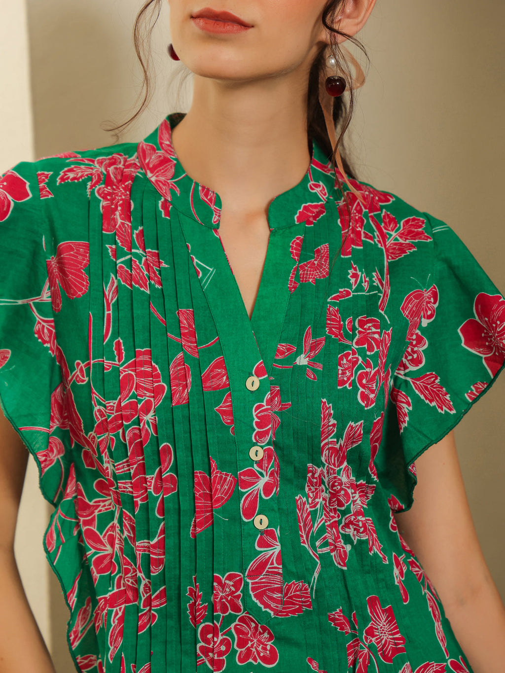 Green Cotton Printed Round Neck Dress For Women