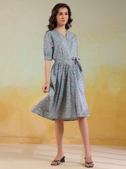 Blue Color Floral Printed Cotton Dress For Women