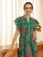 Green Cotton Printed Round Neck Dress For Women