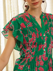 Green Cotton Printed Round Neck Dress For Women