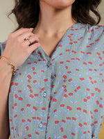 Blue Color Floral Printed Cotton dress for women - SanskrutiHomes 