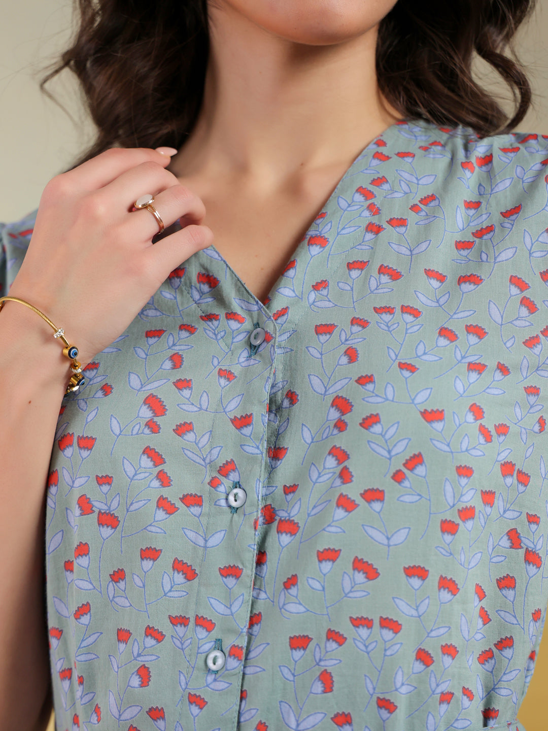 Blue Color Floral Printed Cotton dress for women - SanskrutiHomes 