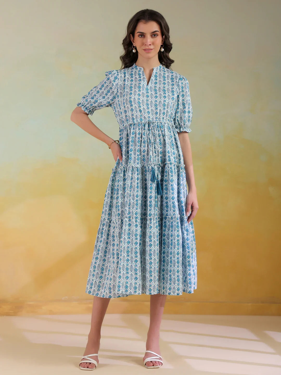 Blue Color Geometric Printed Cotton dress for women - SanskrutiHomes 