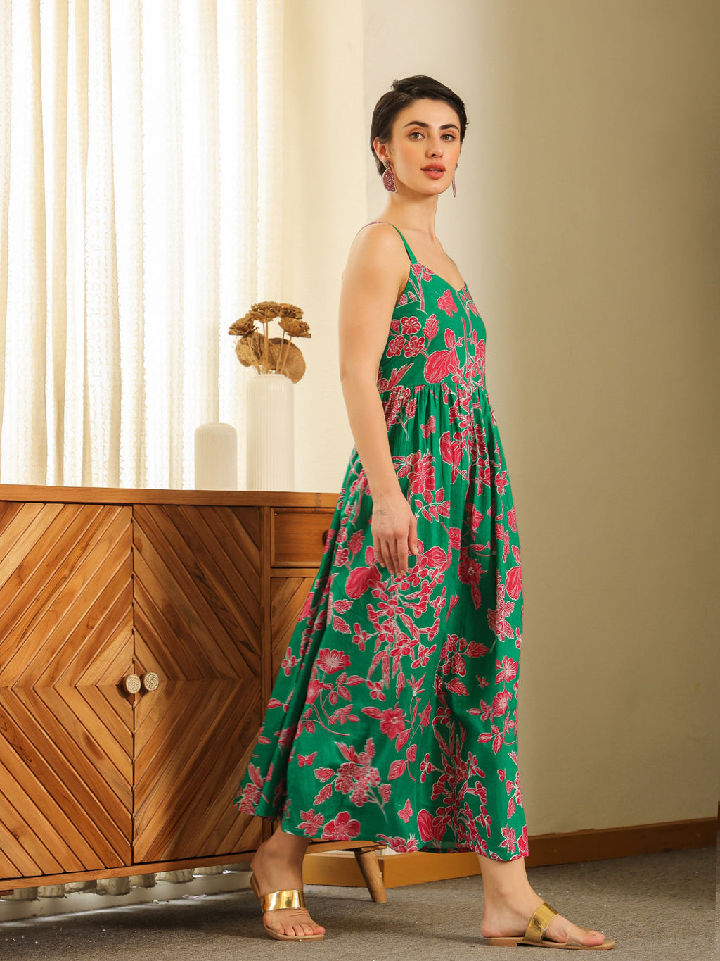 Grey Cotton Printed Sweetheart Neck Dress for Women - SanskrutiHomes 