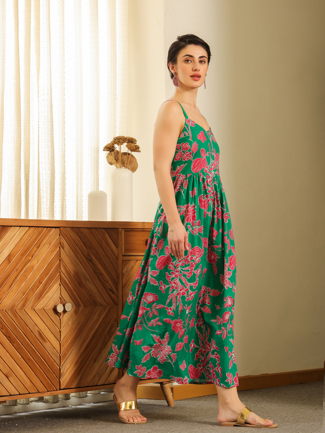 Grey Cotton Printed Sweetheart Neck Dress for Women - SanskrutiHomes 