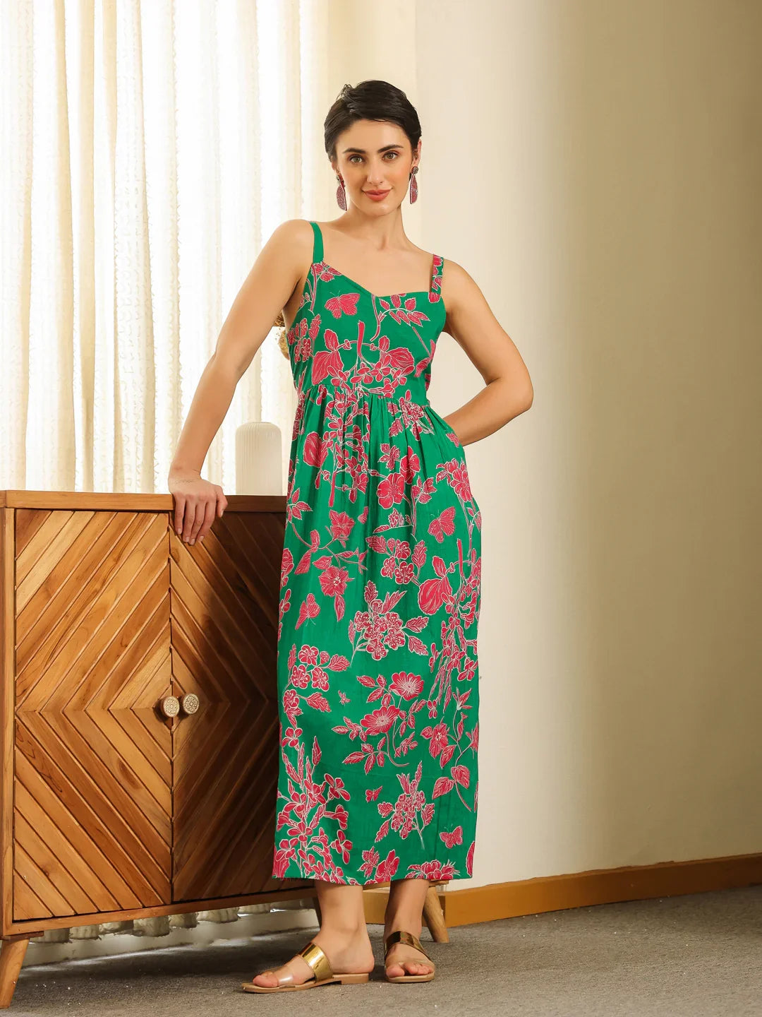 Grey Cotton Printed Sweetheart Neck Dress for Women - SanskrutiHomes 