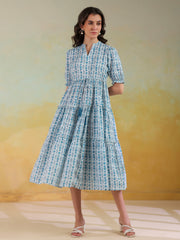 Blue Color Geometric Printed Cotton Dress For Women