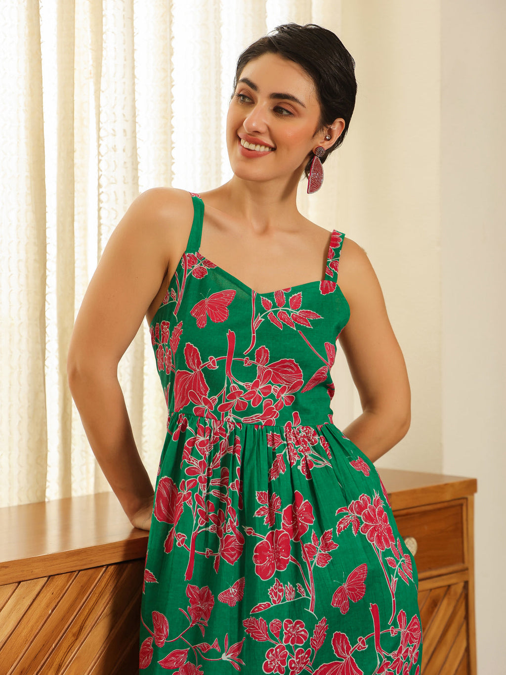 Grey Cotton Printed Sweetheart Neck Dress for Women - SanskrutiHomes 