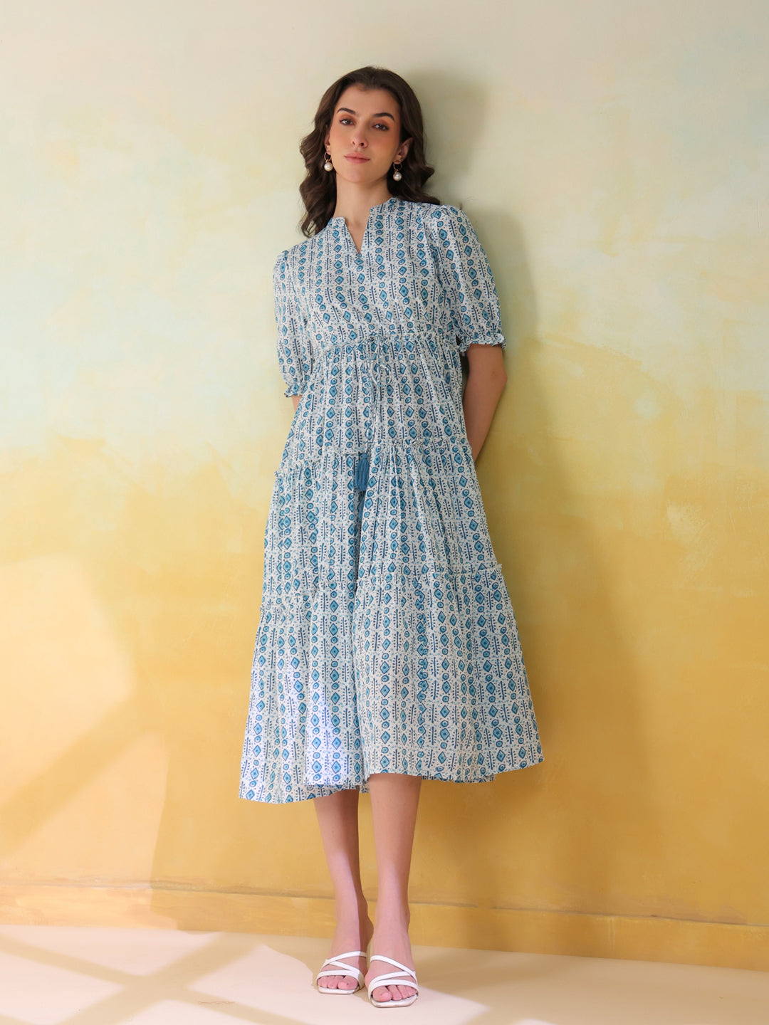 Blue Color Geometric Printed Cotton dress for women - SanskrutiHomes 