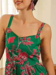 Grey Cotton Printed Sweetheart Neck Dress For Women