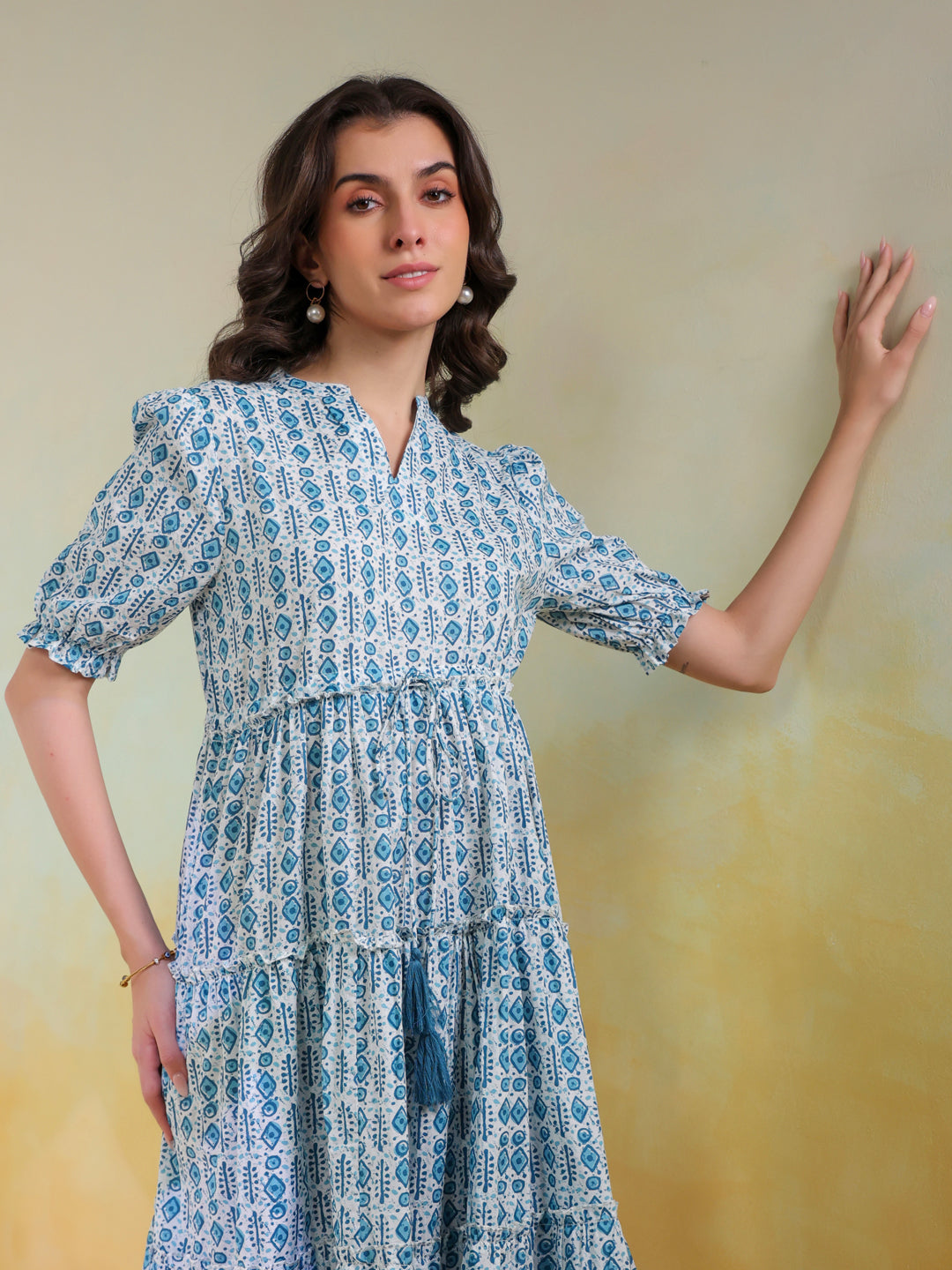 Blue Color Geometric Printed Cotton dress for women - SanskrutiHomes 