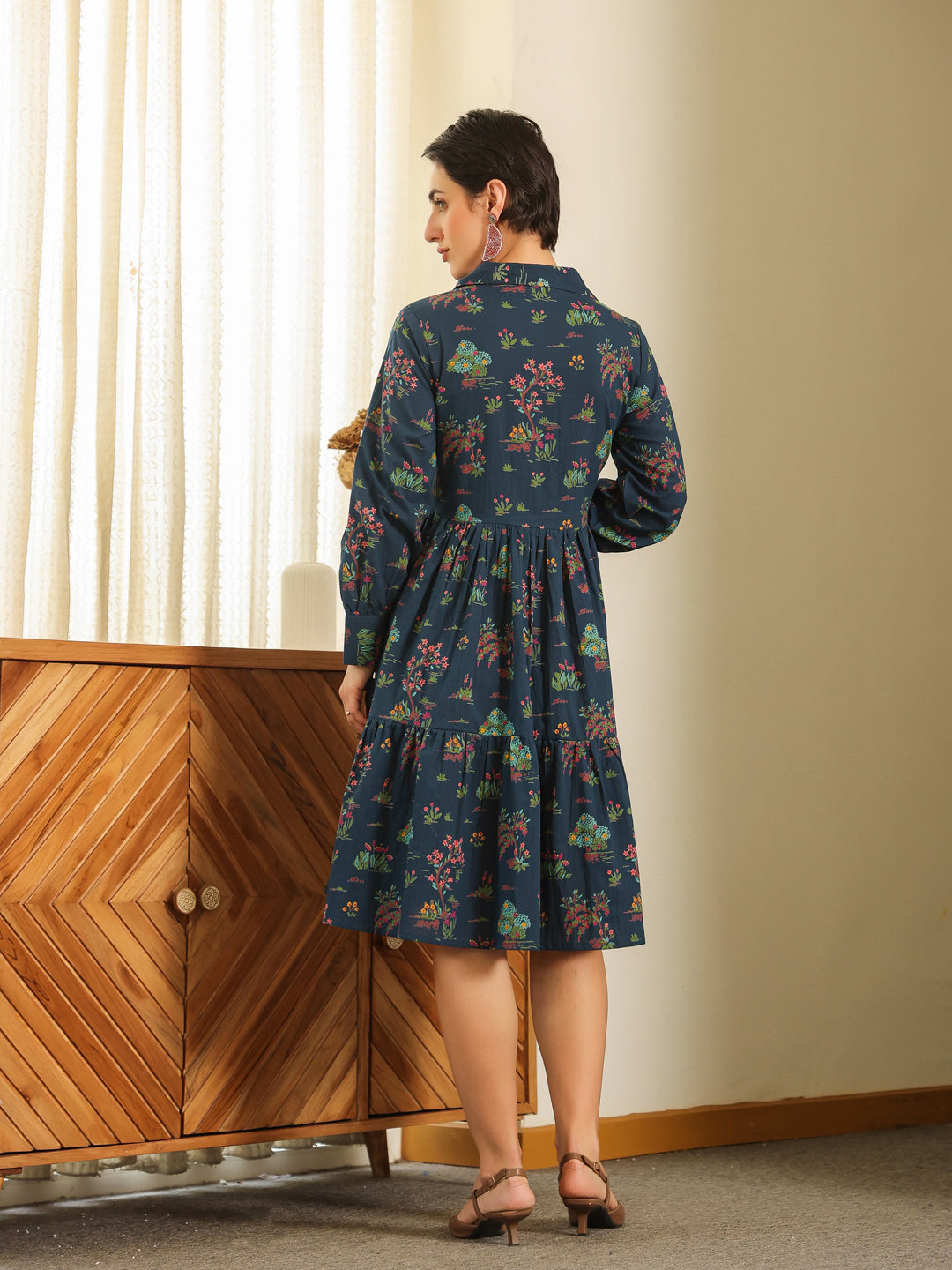 Navy Blue Cotton Printed Shirt Collar Dress For Women