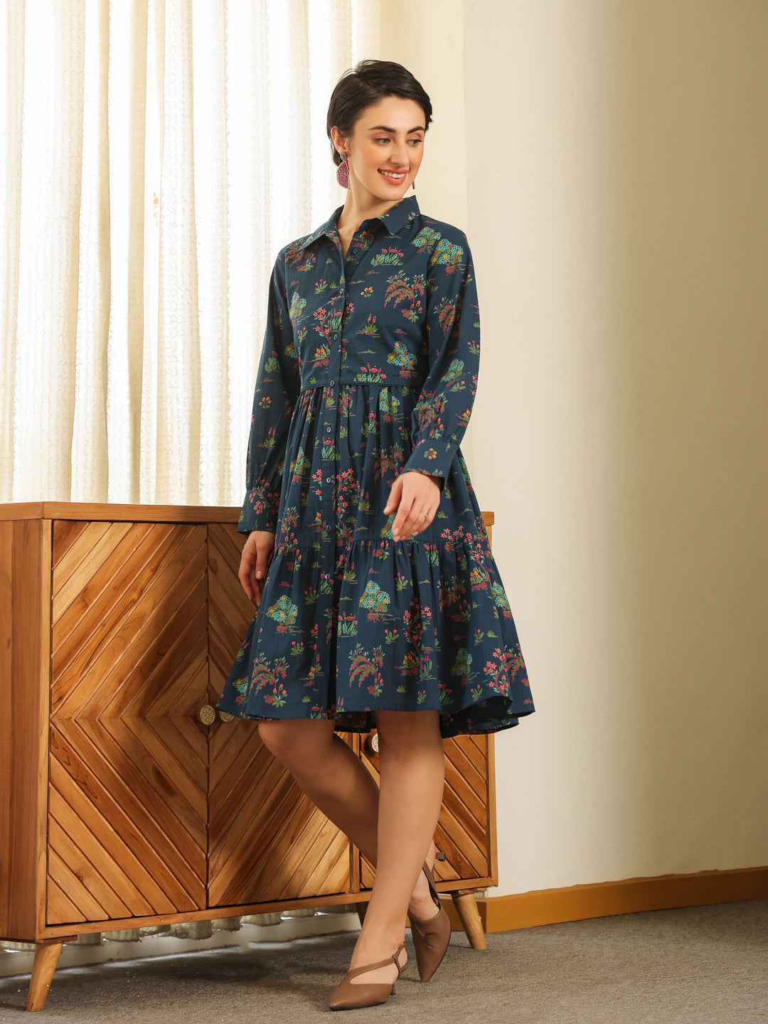 Navy Blue Cotton Printed Shirt Collar Dress For Women