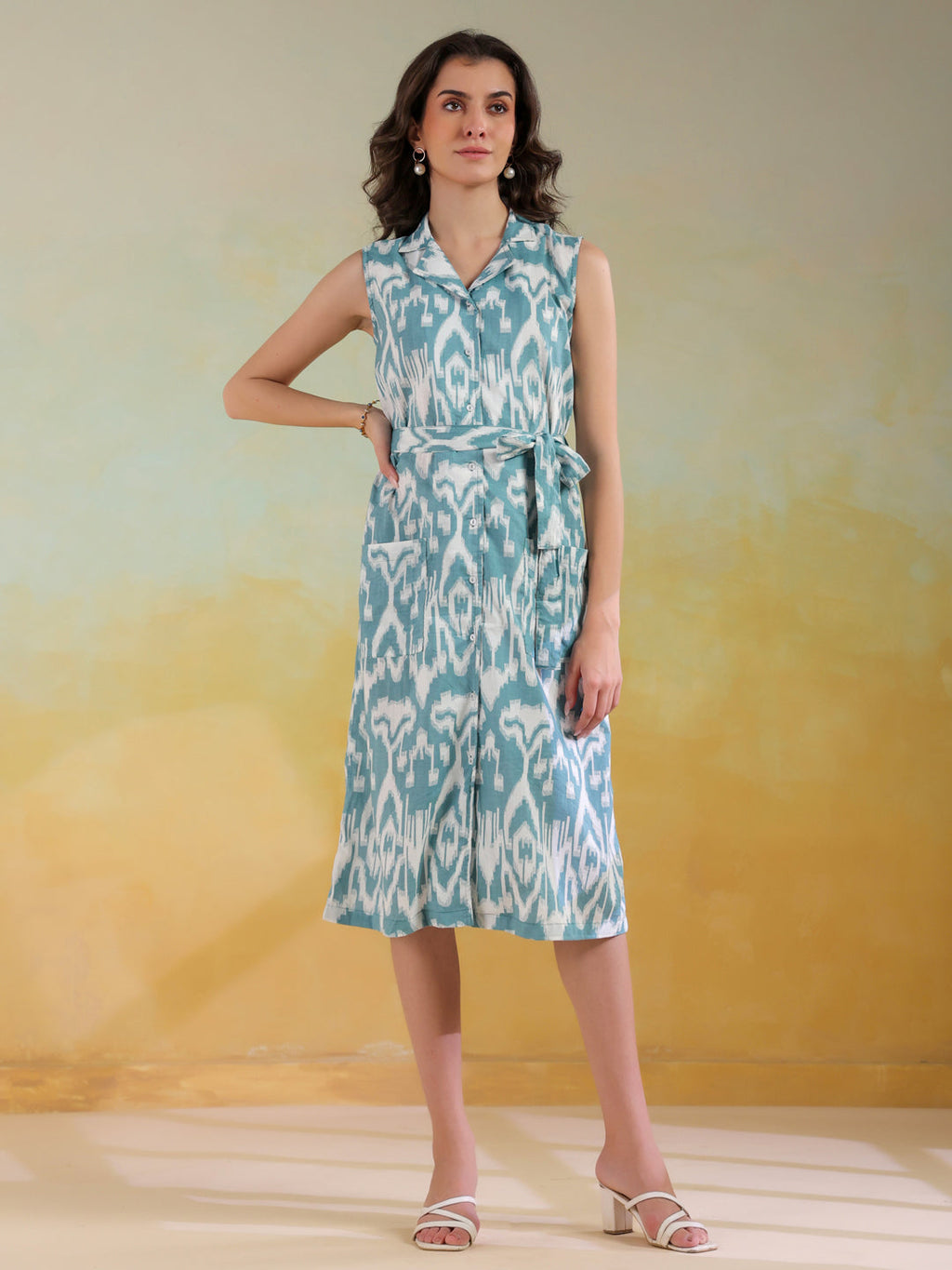 Sea Green Color Abstract Printed Cotton dress for women - SanskrutiHomes 