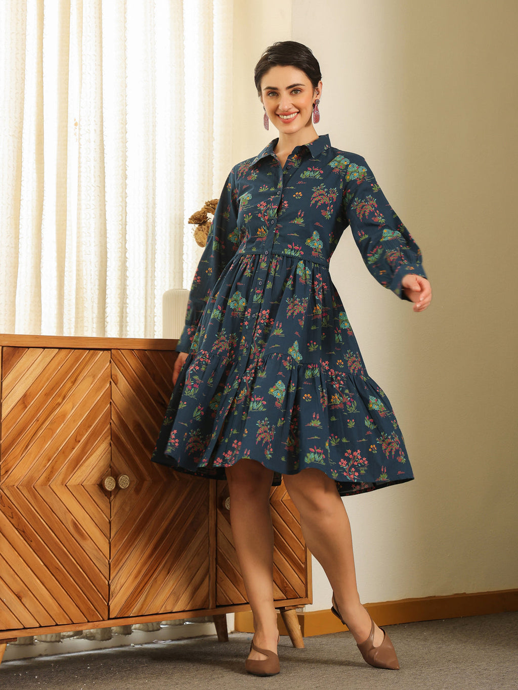 Navy Blue Cotton Printed Shirt Collar Dress For Women