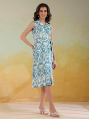 Sea Green Color Abstract Printed Cotton dress for women - SanskrutiHomes 