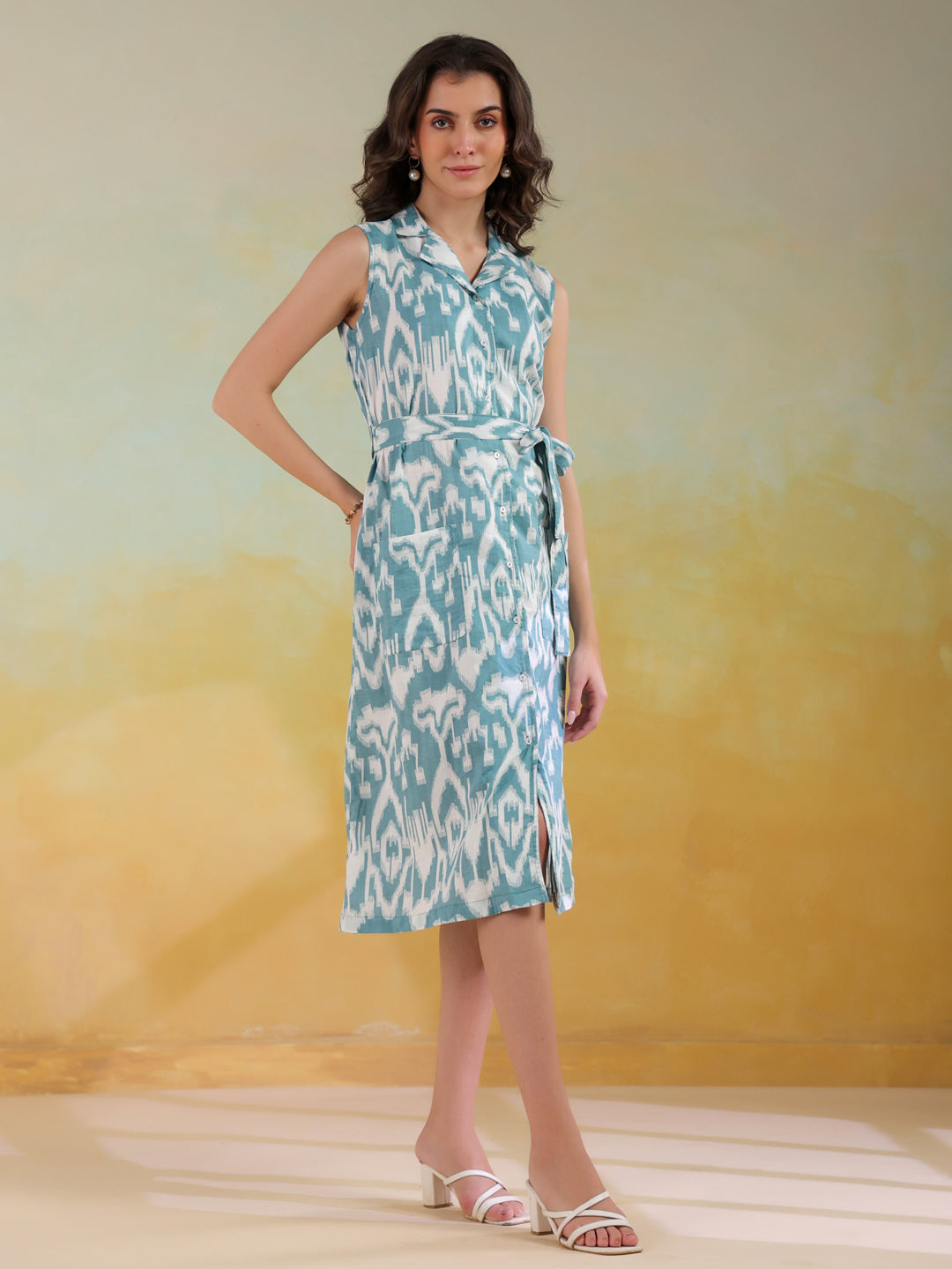 Sea Green Color Abstract Printed Cotton dress for women - SanskrutiHomes 