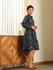 Navy Blue Cotton Printed Shirt Collar Dress For Women