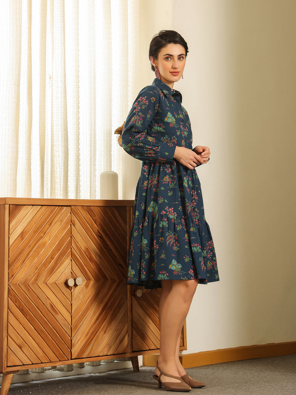 Sea Green Color Abstract Printed Cotton dress for women - SanskrutiHomes 