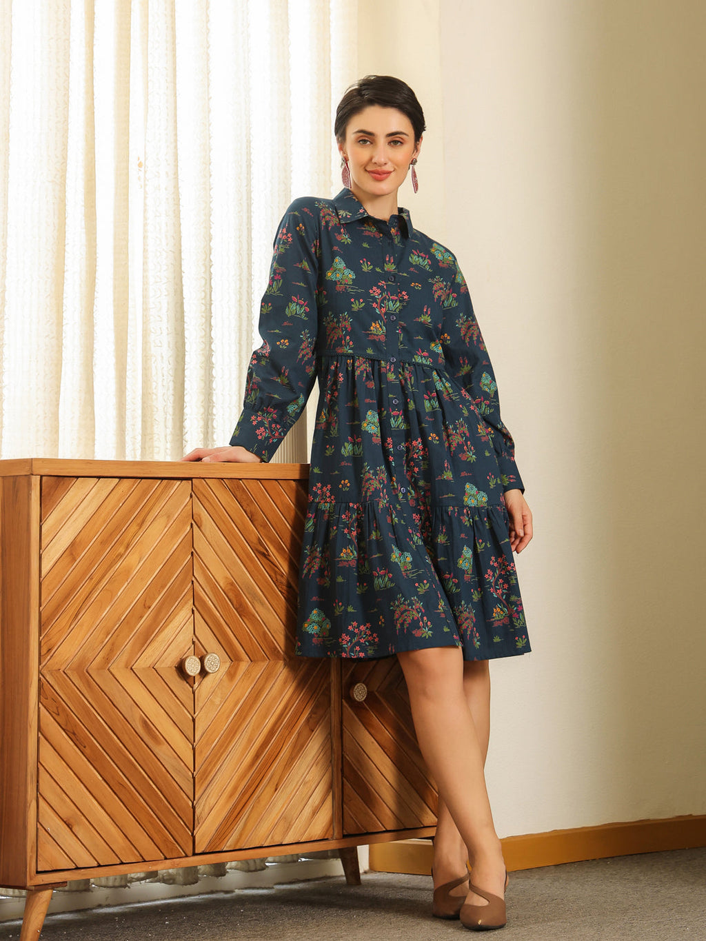Navy Blue Cotton Printed Shirt Collar Dress For Women