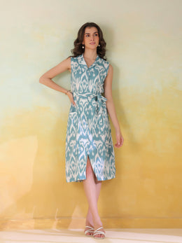Sea Green Color Abstract Printed Cotton Dress For Women