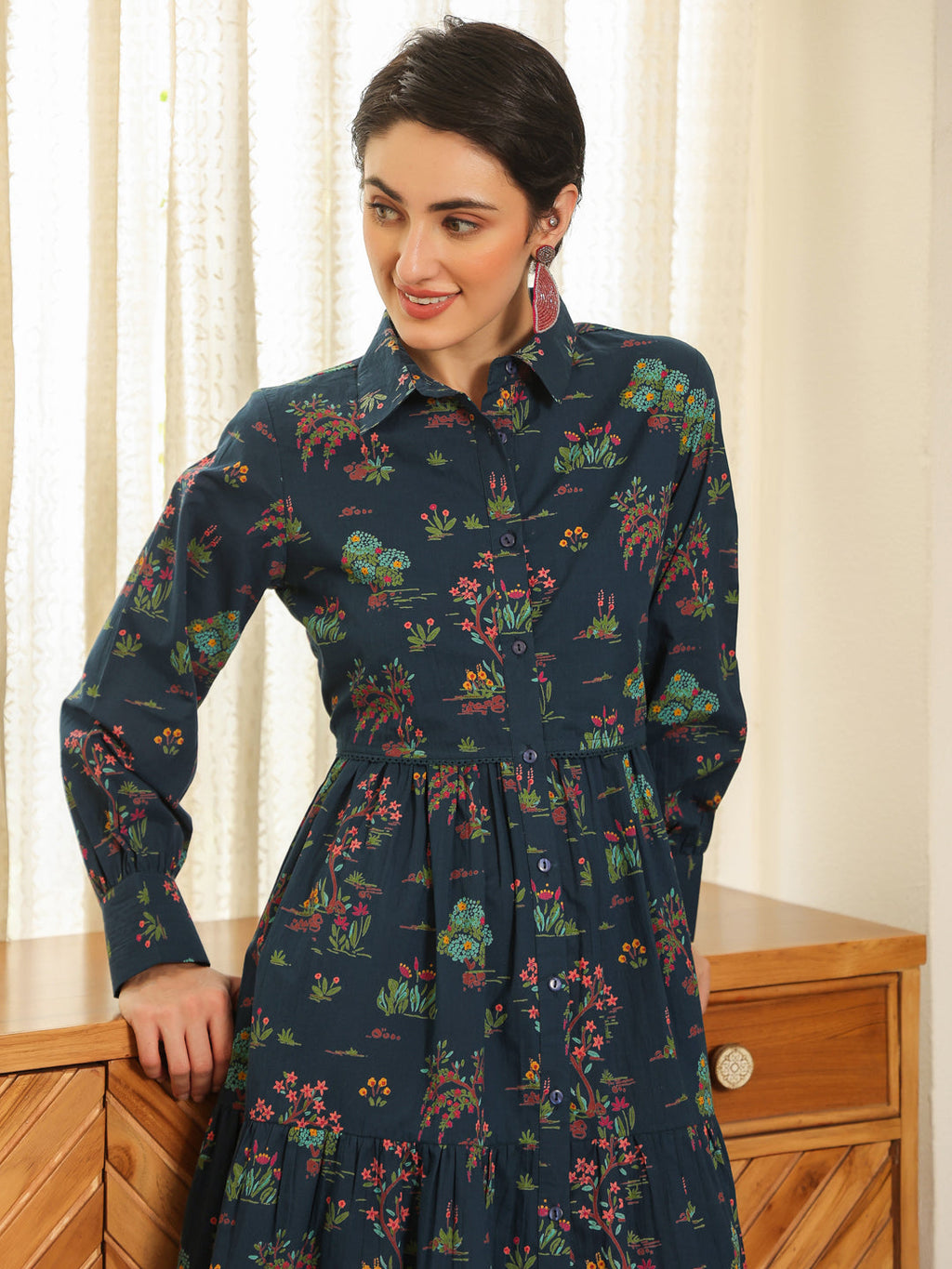 Navy Blue Cotton Printed Shirt Collar Dress For Women