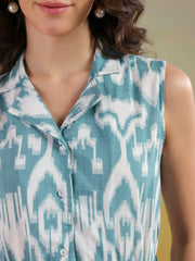 Sea Green Color Abstract Printed Cotton Dress For Women