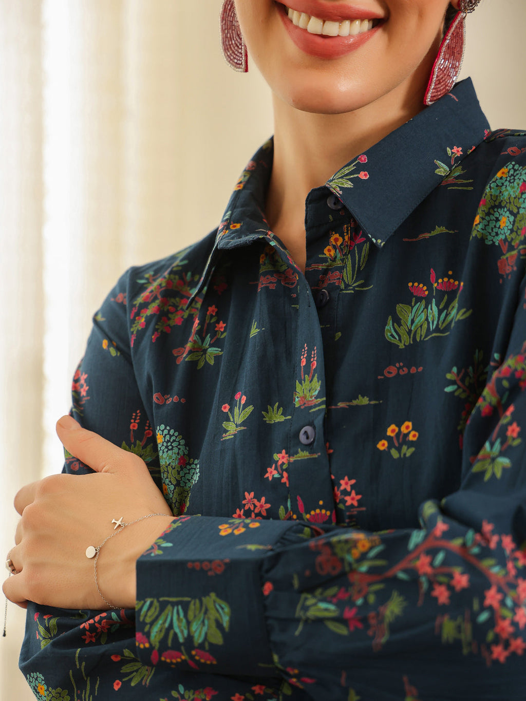 Navy Blue Cotton Printed Shirt Collar Dress For Women